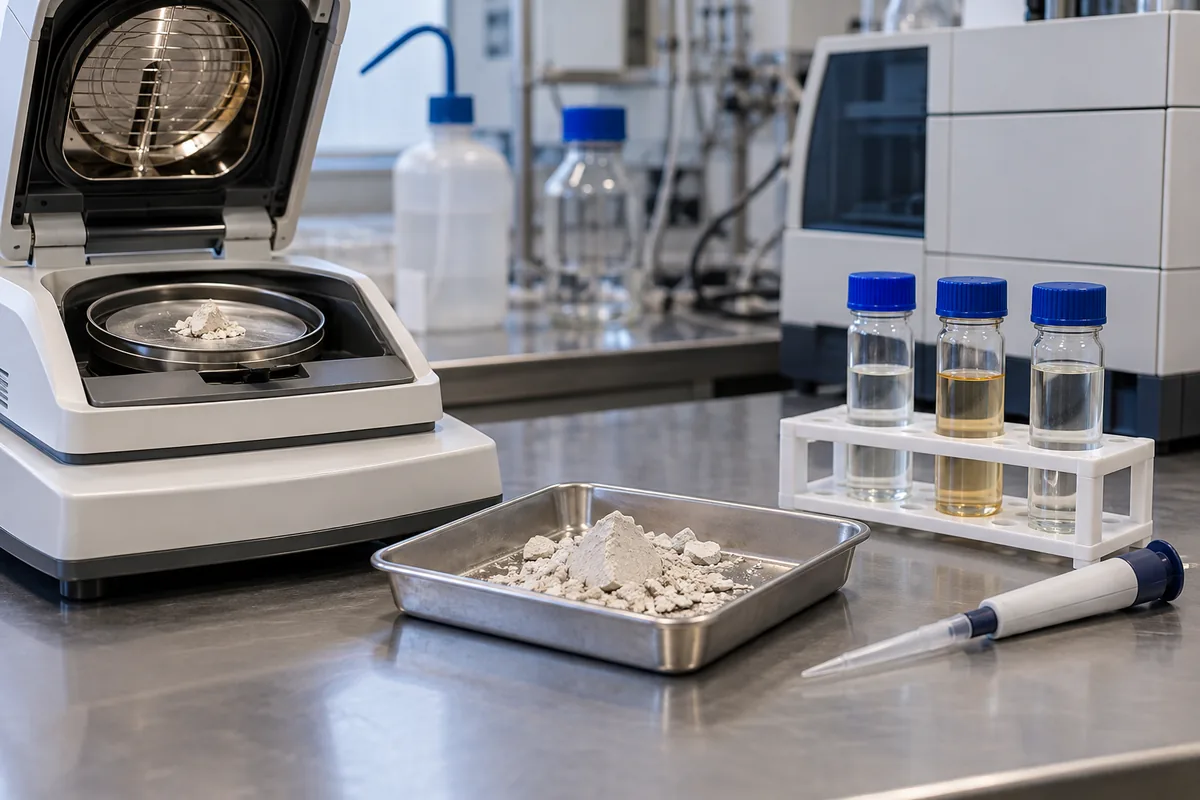 Illustration of a cake sample, moisture analyzer and capped analytical sample vials on a laboratory bench.