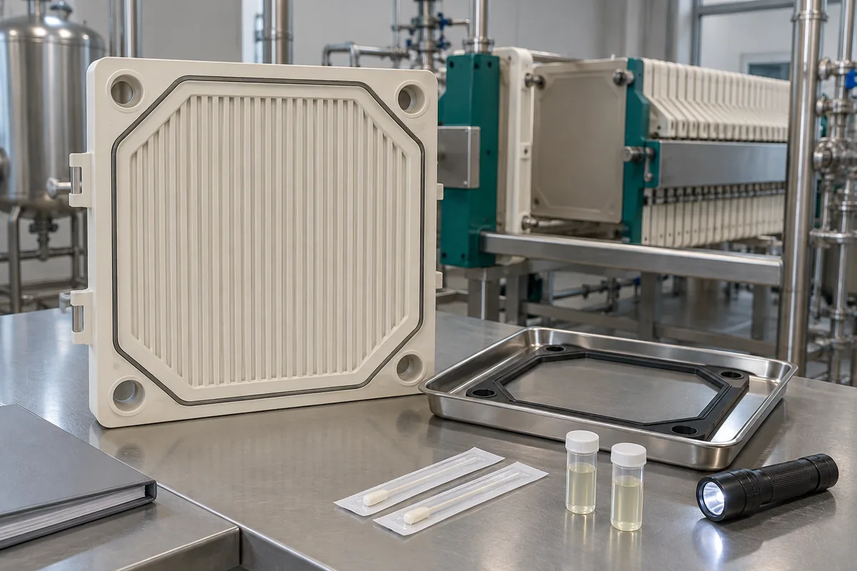 Illustration of a filter-plate surface, removed gasket and capped swab tubes prepared for cleaning inspection.