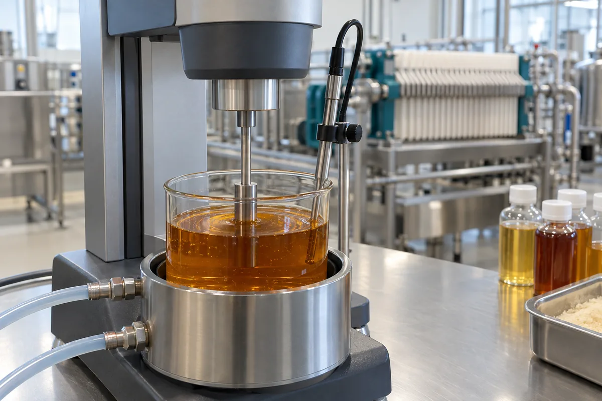 Illustration of a rotational viscometer and temperature probe testing an amber process-liquid sample.