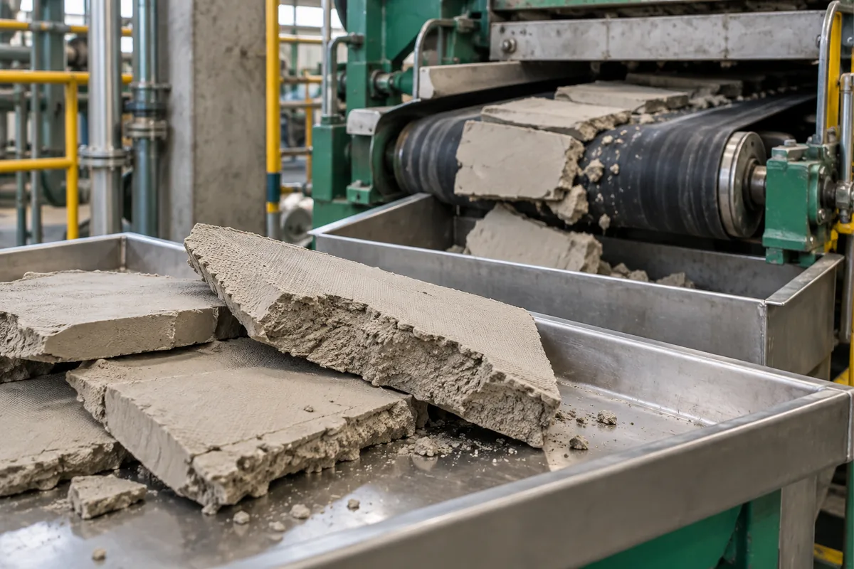 Illustration of mineral filter-cake slabs showing texture beside a cake conveyor and collection bin.