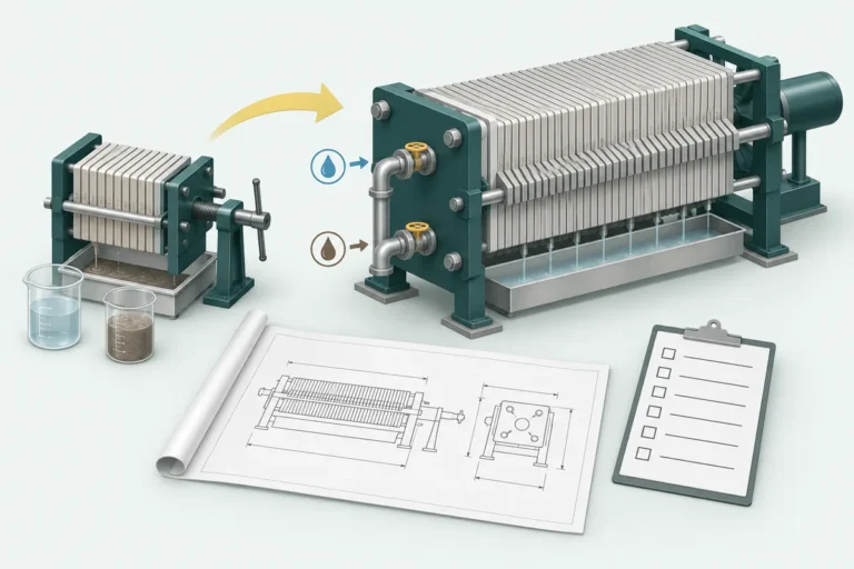 Conceptual illustration comparing laboratory and industrial filter presses with an equipment plan and utility requirements.