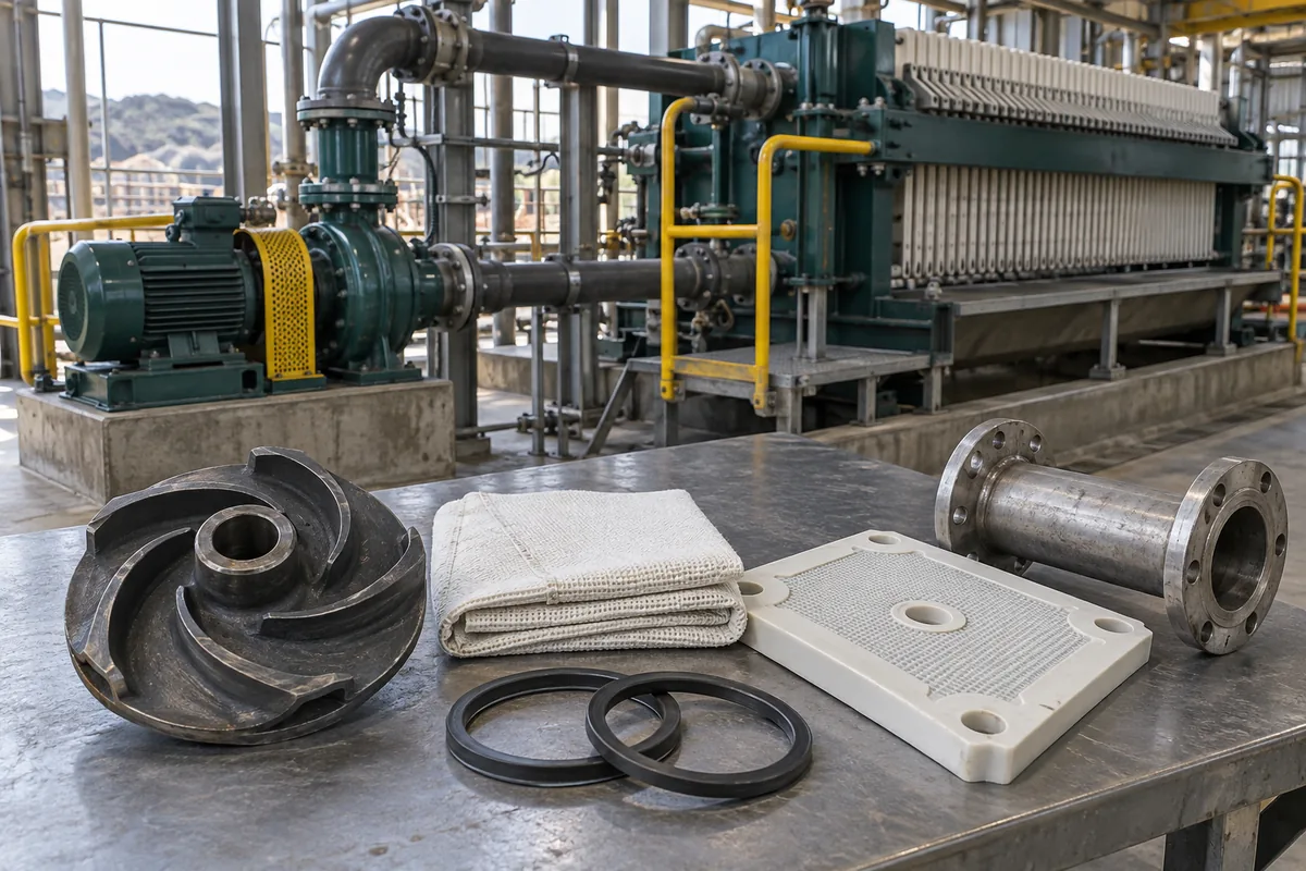 Illustration of a slurry pump wet-end component, filter cloth, plate sample and pipe fittings.