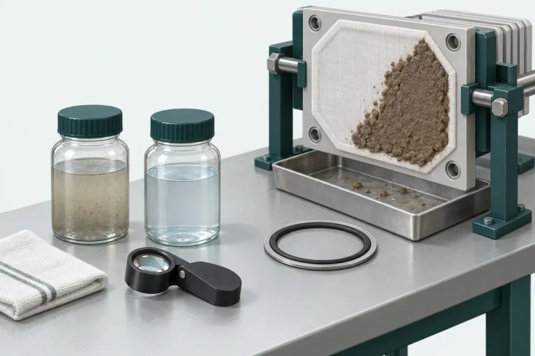 Illustration of filtrate samples and a cloth-covered plate being assessed for cake release and sealing.