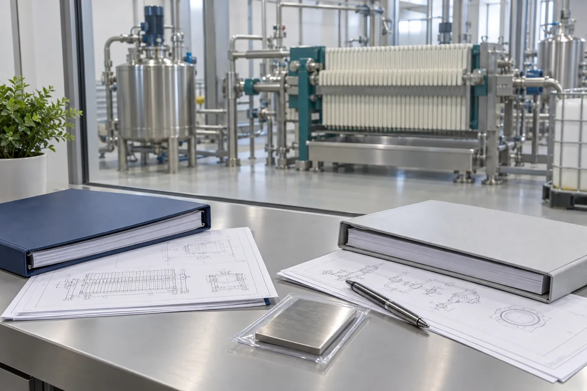 Illustration of organized equipment binders, drawing sheets and a material sample at a review desk.