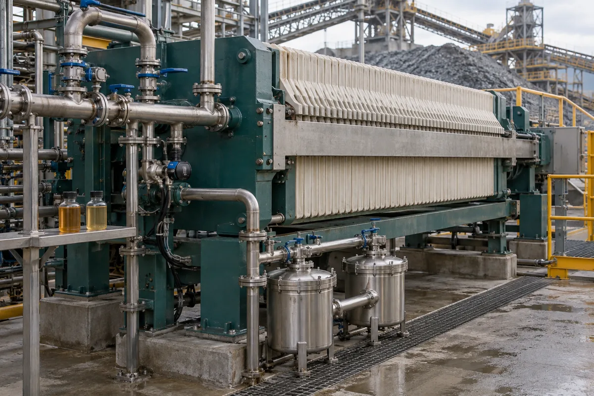 Illustration of a closed filter press with wash-liquid supply and contained filtrate recovery piping.