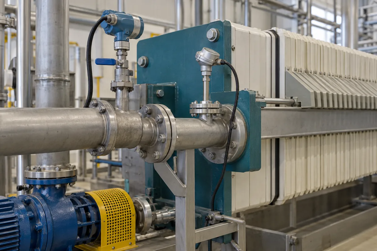 Illustration of pressure and temperature instrument fittings on a filter-press process manifold.