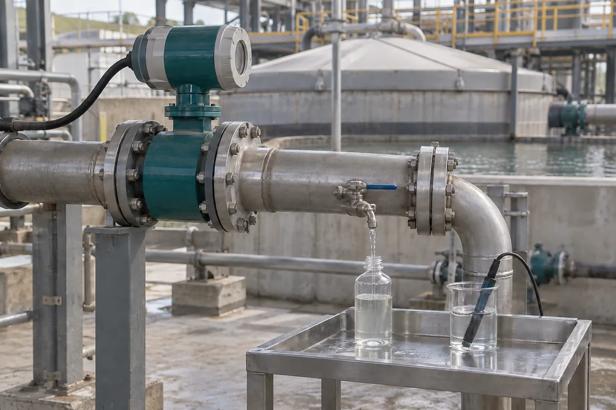 Illustration of a return-water flowmeter, sampling valve and water-quality sample beside a reservoir.