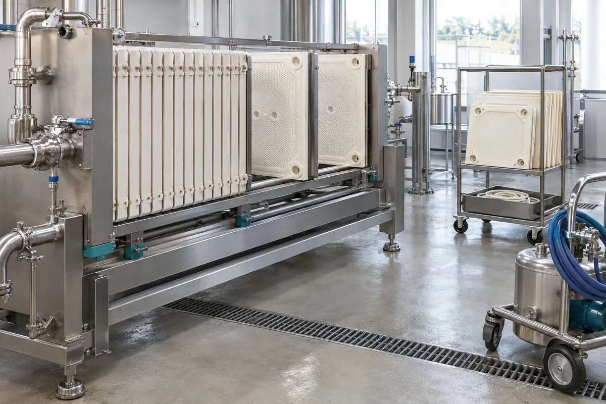 Illustration of an isolated plate-and-frame filter opened for inspection beside a cleaning-parts trolley.