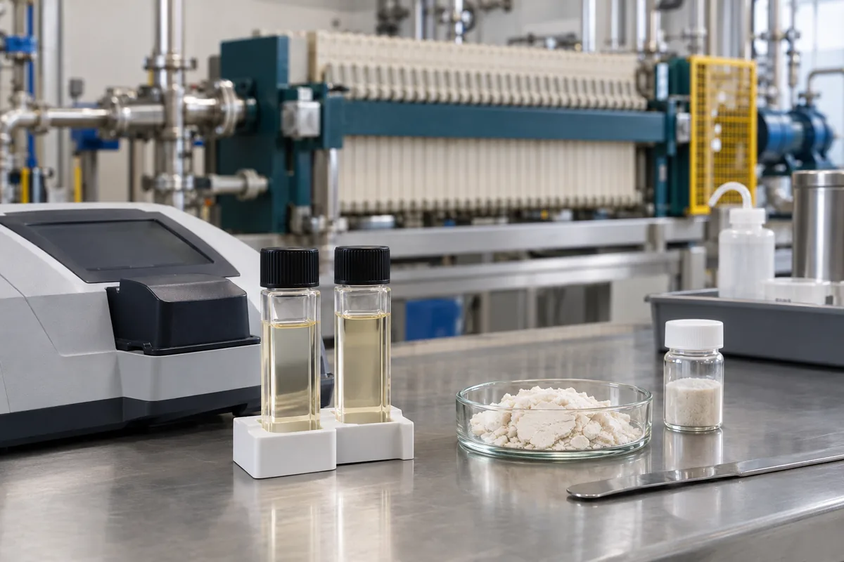 Illustration of filtrate sampling cells and a retained cake sample beside laboratory test equipment.