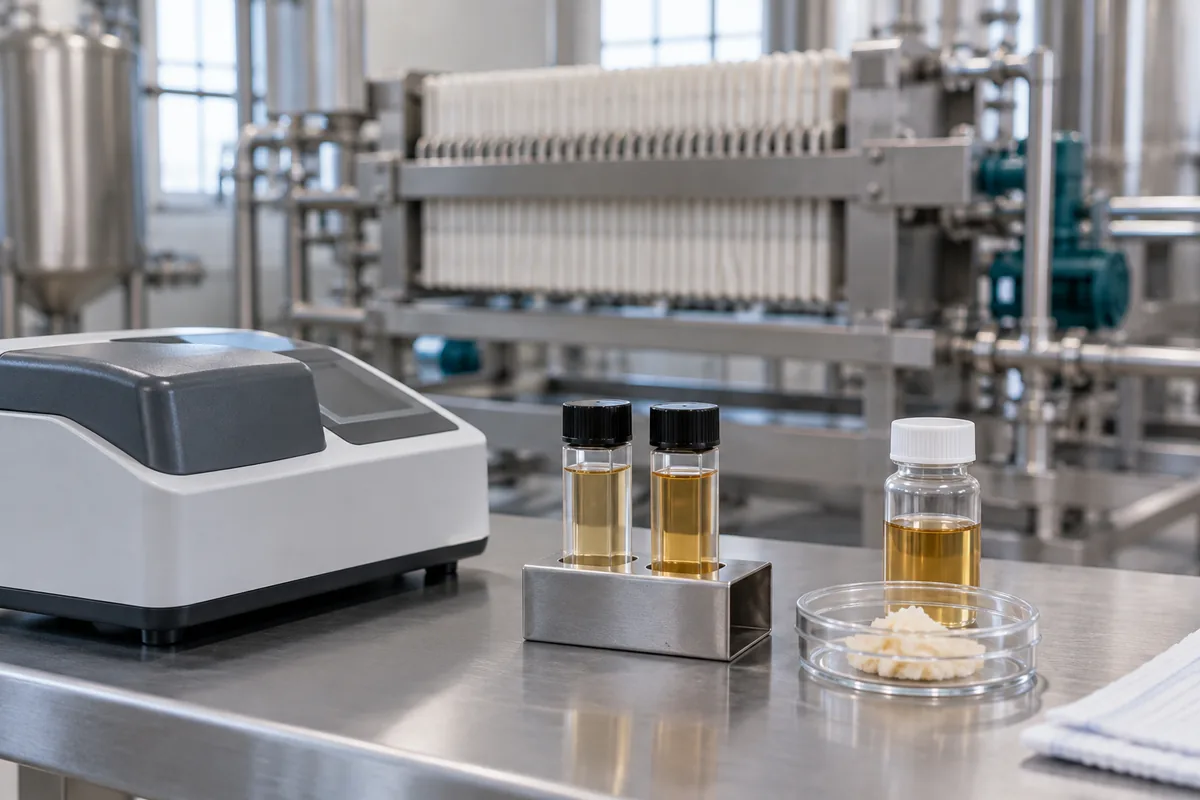 Illustration of product-liquid sampling cells and retained solids beside laboratory clarity-test equipment.
