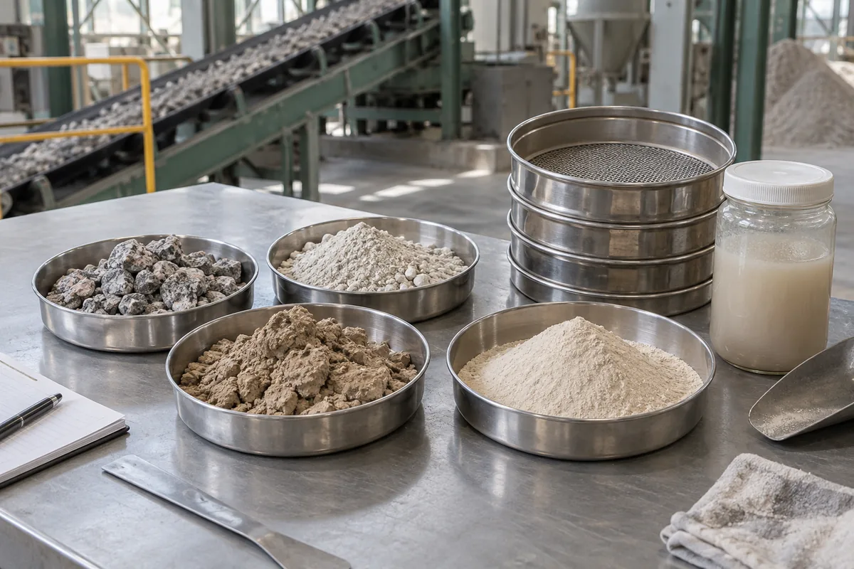 Illustration of stone chips, mineral fines, clay and ceramic powder with laboratory sieves.