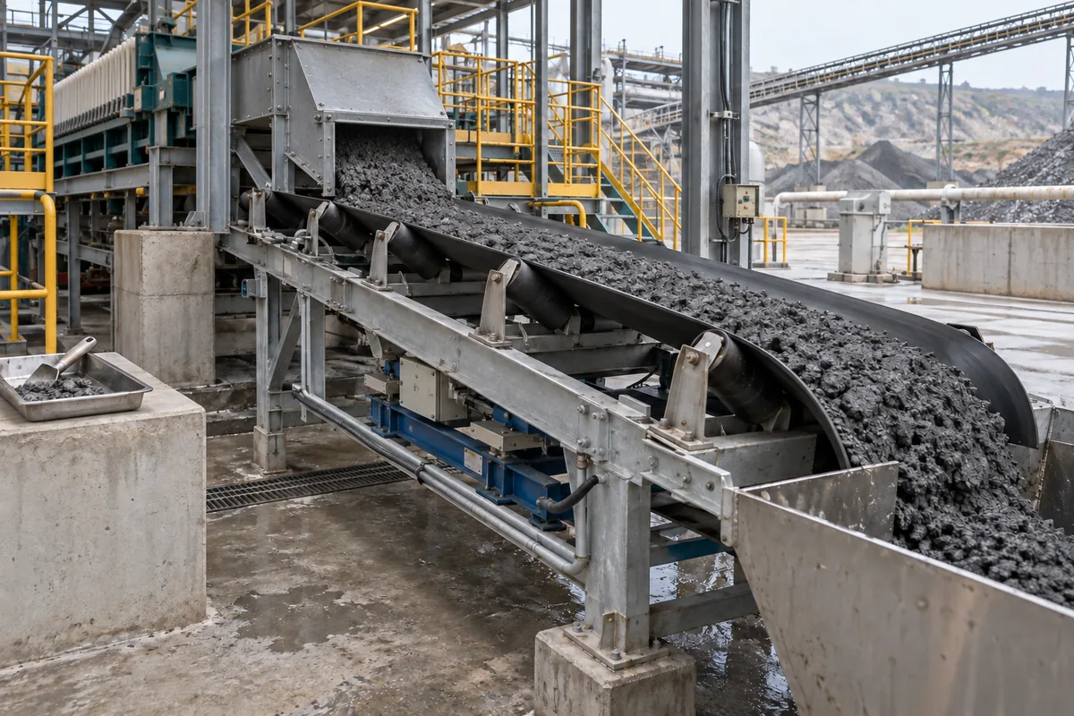 Illustration of mineral filter cake conveyed toward a collection hopper with a supported belt scale.