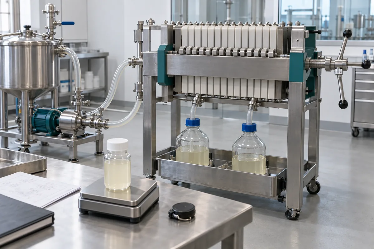 Illustration of a closed pilot filter, separate liquid receivers and a representative solids sample on a balance.