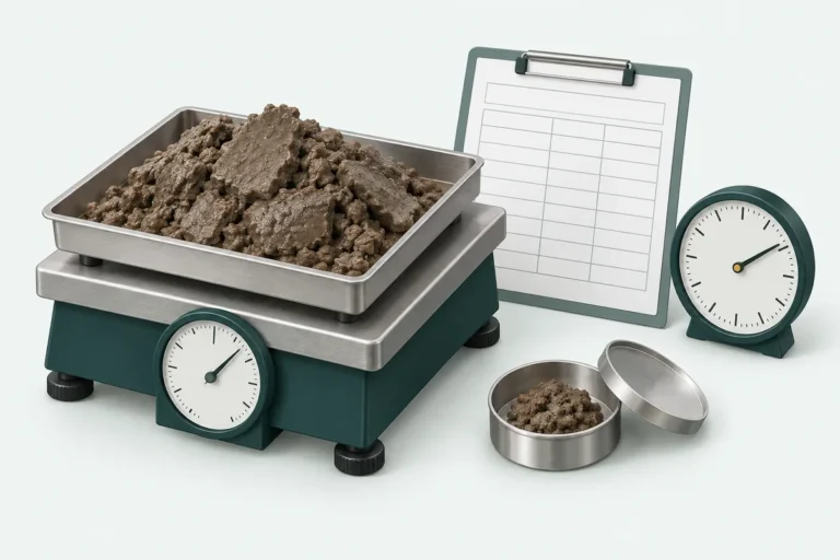 Illustration of cake weighing, a solids-basis sample and an operating-period record for production assessment.