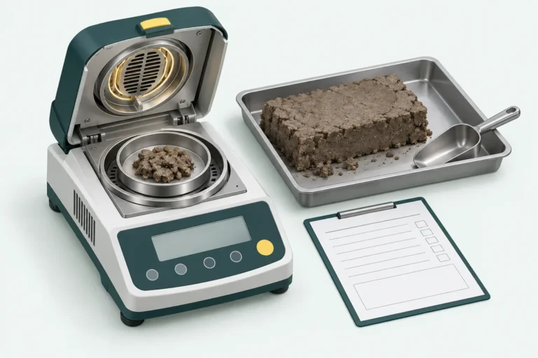Illustration of a filter-cake sample, a generic moisture-analysis instrument and a blank method record.