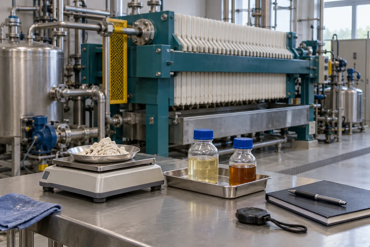 Illustration of a weighed chemical cake sample, liquid receivers and a pilot filtration unit.