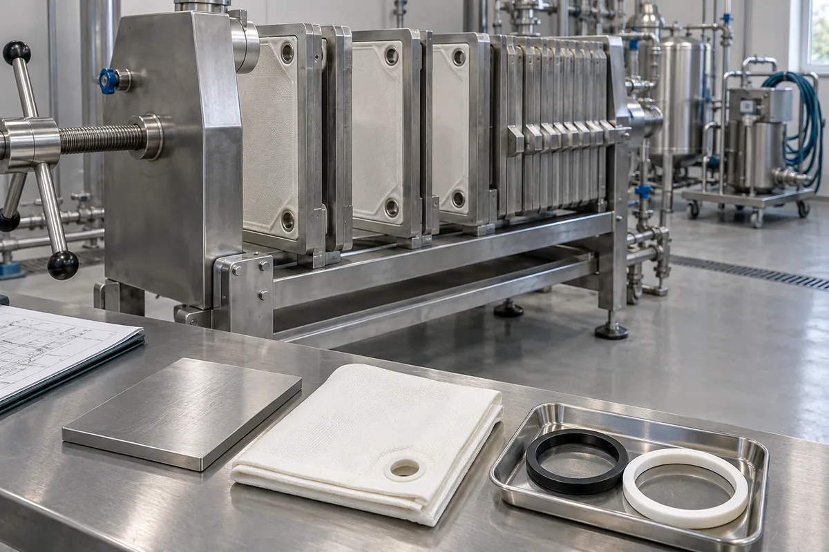 Illustration of a filter plate, contact-surface coupon, cloth and seals beside an accessible filter frame.