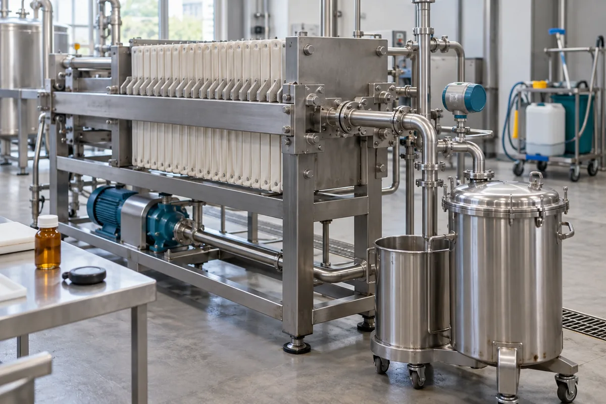 Illustration of a food-process filter and product transfer line with a flow instrument and collection vessel.