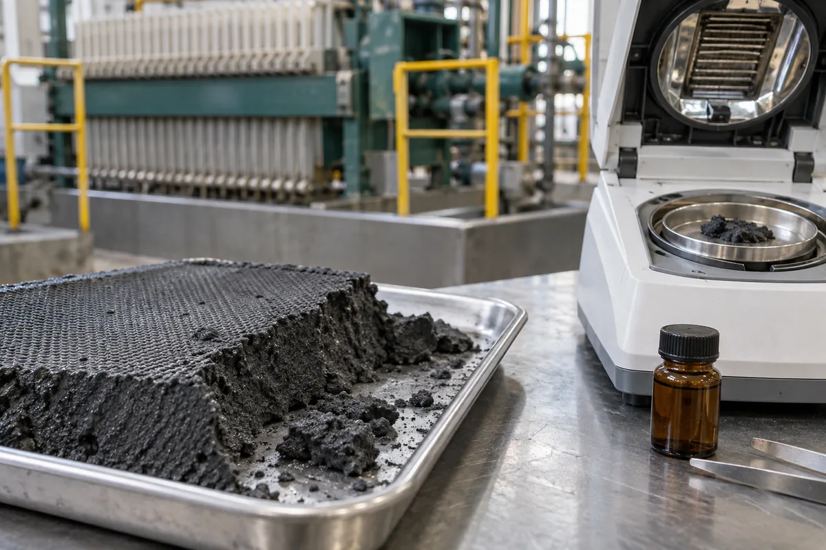 Illustration of a dark mineral cake sample beside a laboratory moisture analyzer and sample vial.