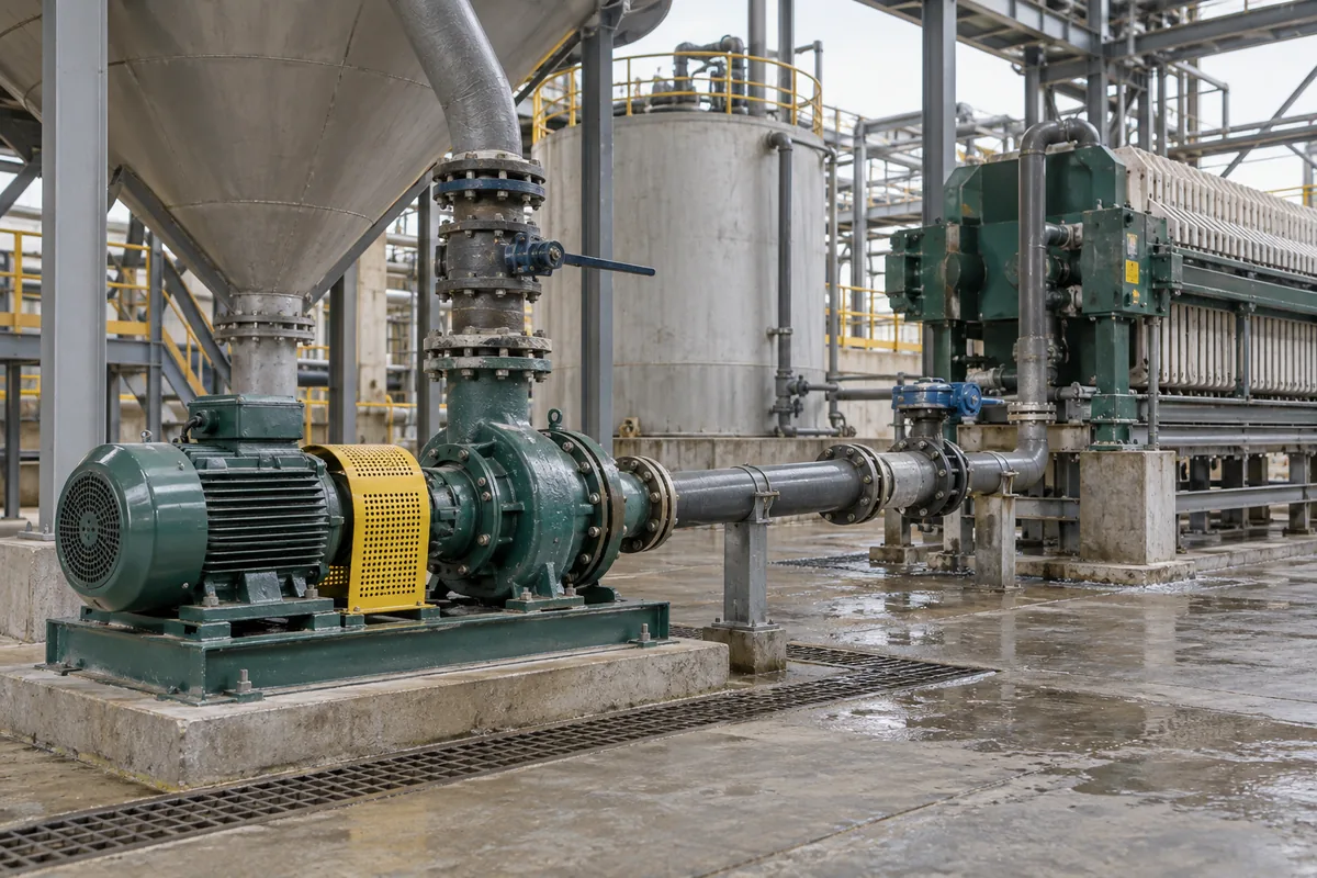 Illustration of a guarded slurry feed pump connected to thickener underflow and a filter-press feed line.