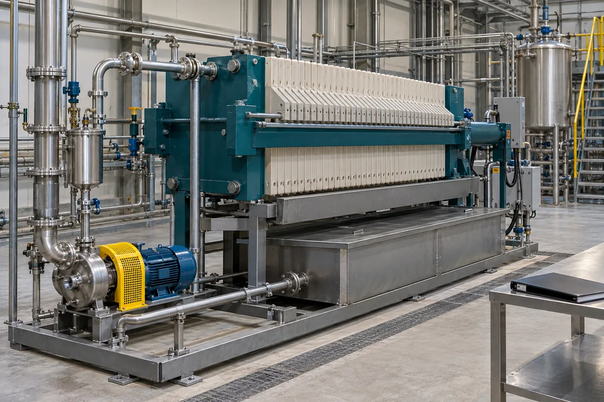 Illustration of a chemical filter-press skid with collection, feed connections and service access.
