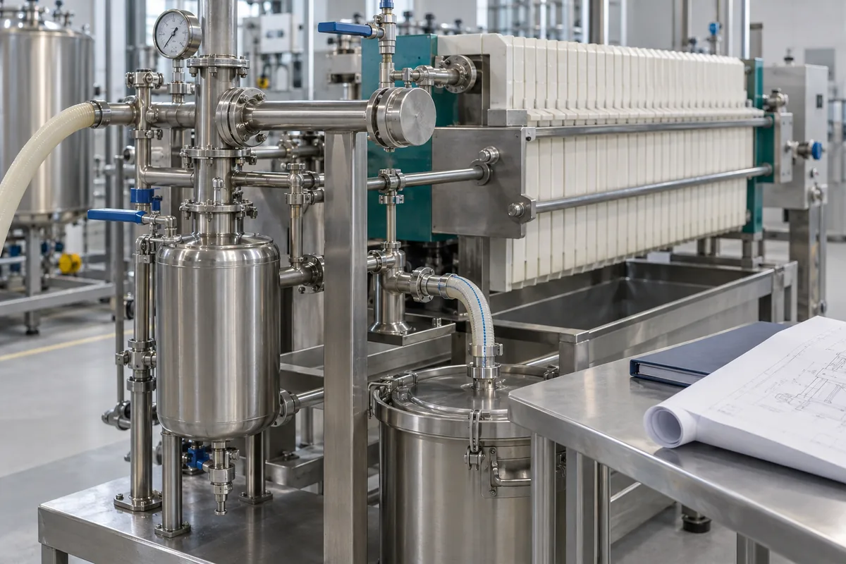 Illustration of supported filter-package connections with a technical drawing binder beside the skid.