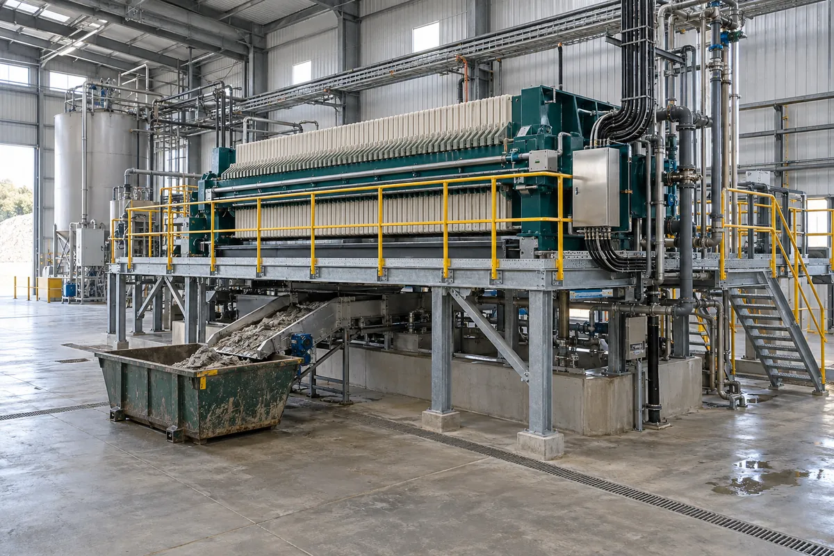 Illustration of a filter-press hall with service access, cake conveyor, collection skip and utilities.