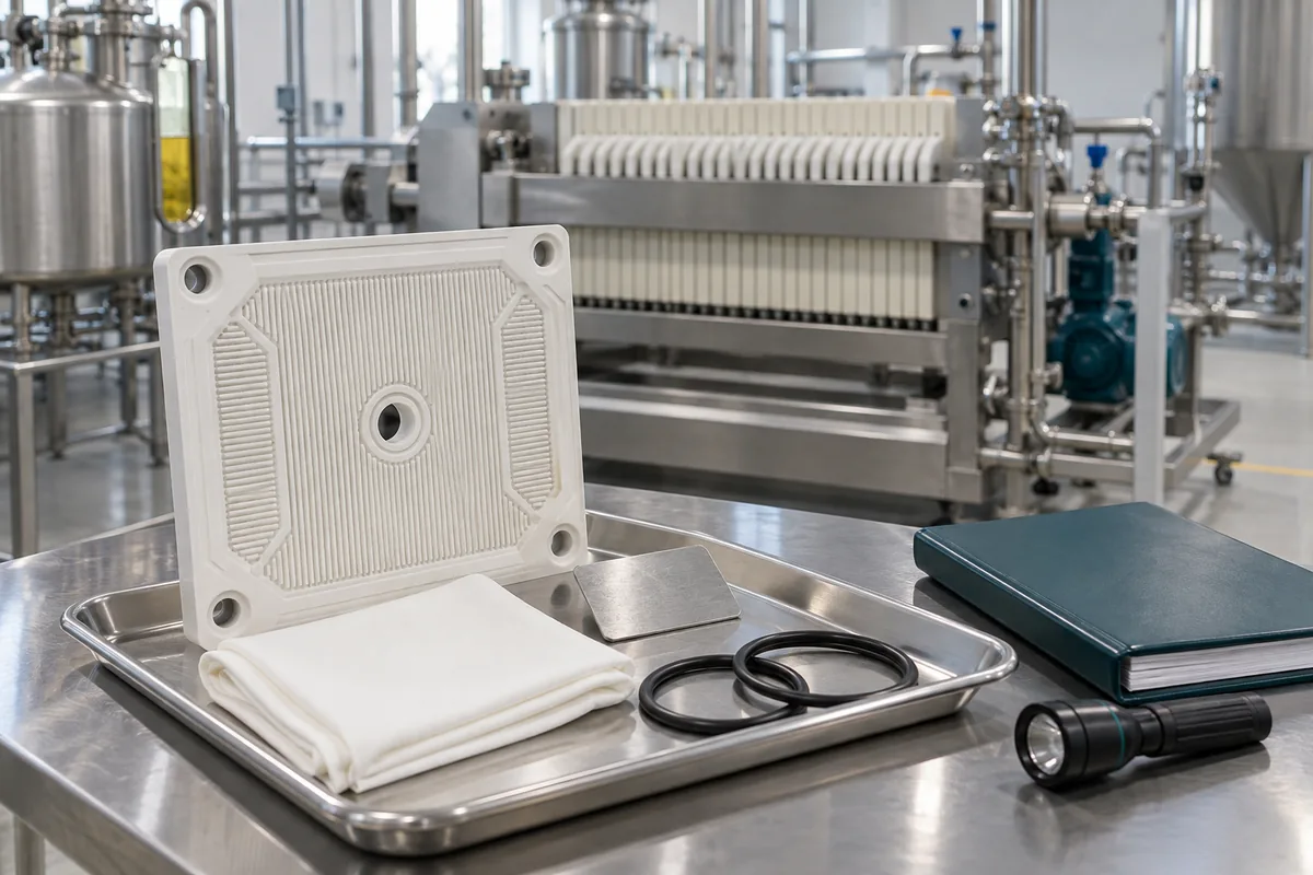 Illustration of a stainless contact-surface sample, filter media, seals and a technical review binder.