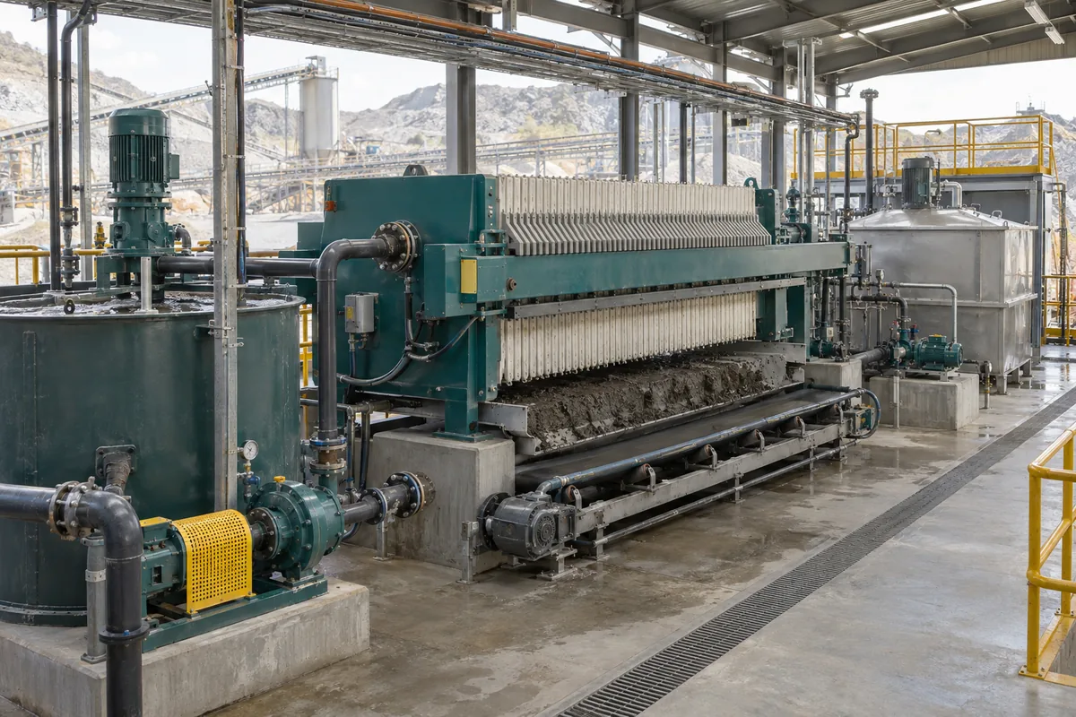 Illustration of a filter press integrated with a feed tank, pump, filtrate tank and cake conveyor.