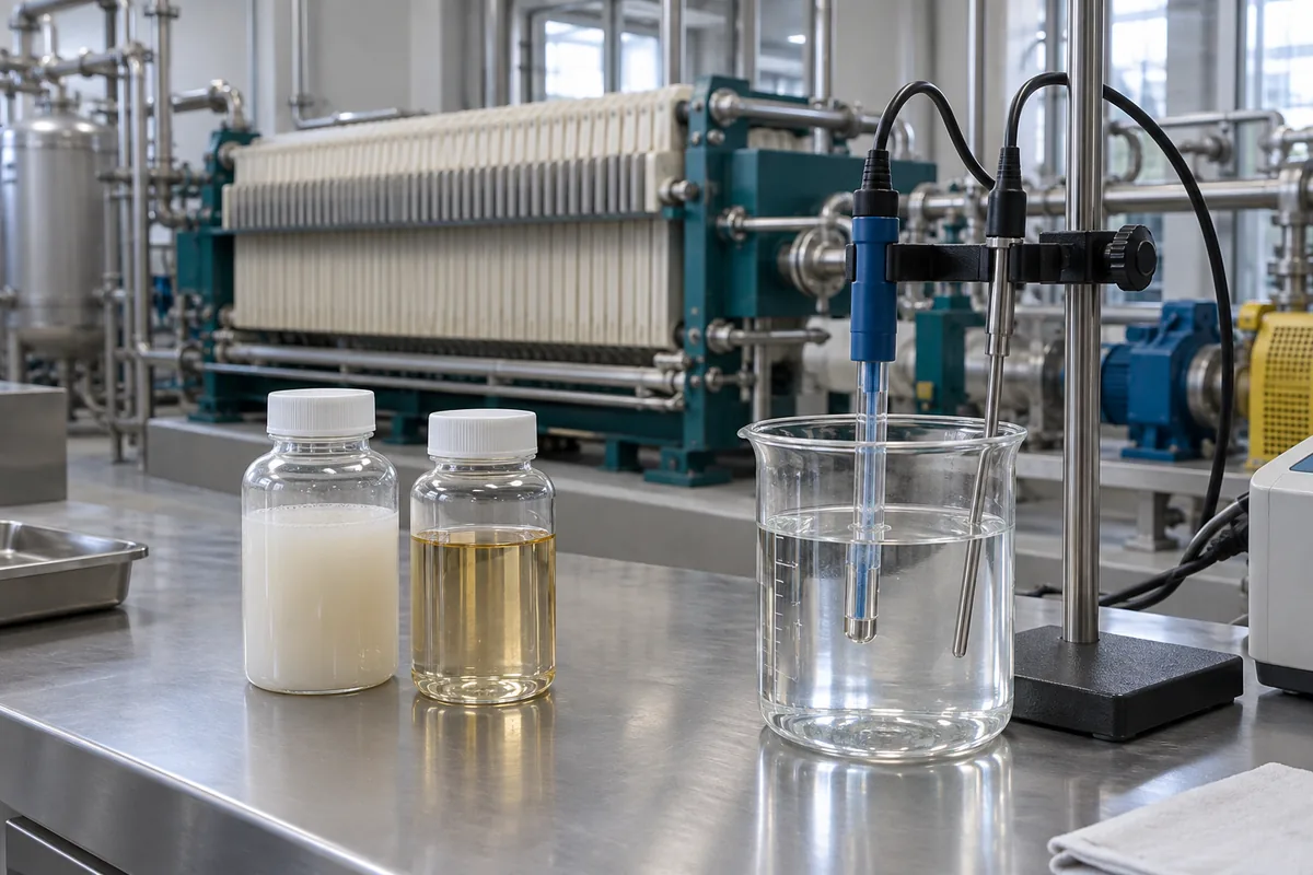 Illustration of chemical process samples with a pH electrode and temperature probe on a laboratory bench.