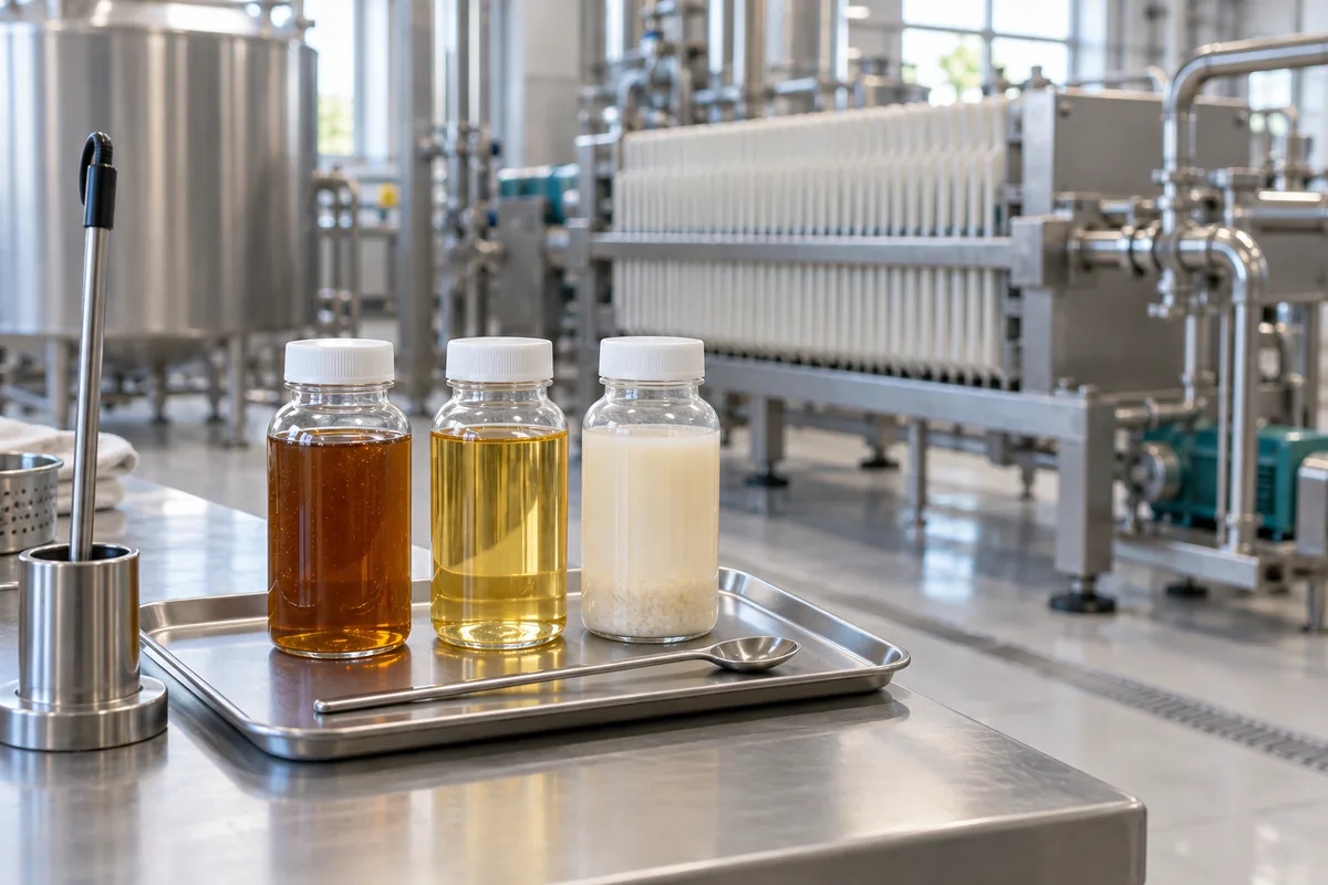 Illustration of syrup, oil and ingredient-suspension samples on a food-process review bench.