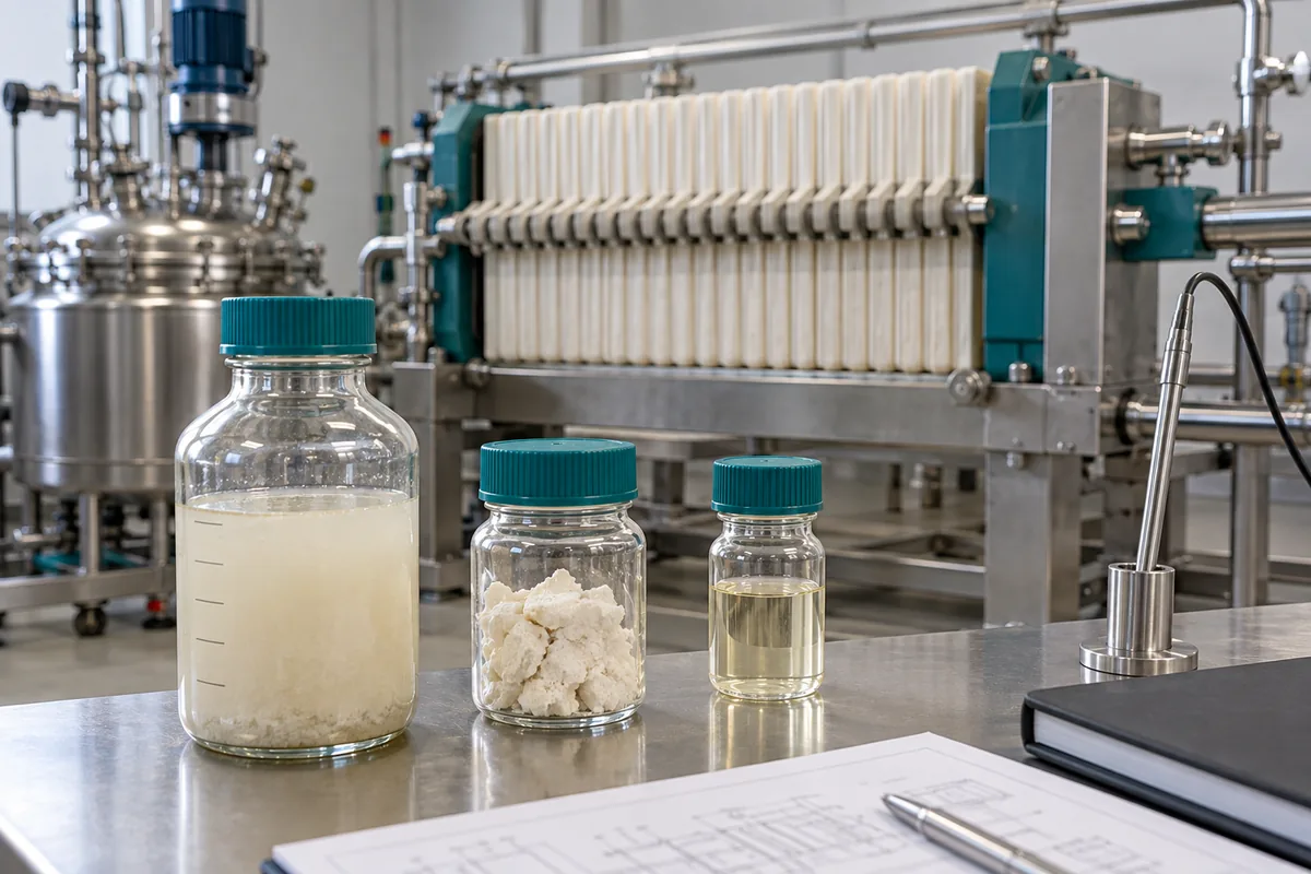 Illustration of sealed intermediate slurry, solids and process-liquid samples on a characterization bench.