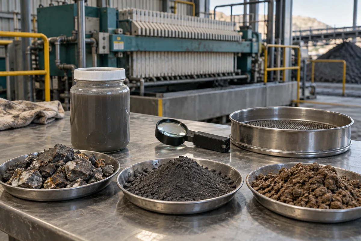 Illustration of ore fragments, milled mineral fines and a sealed process-slurry sample.