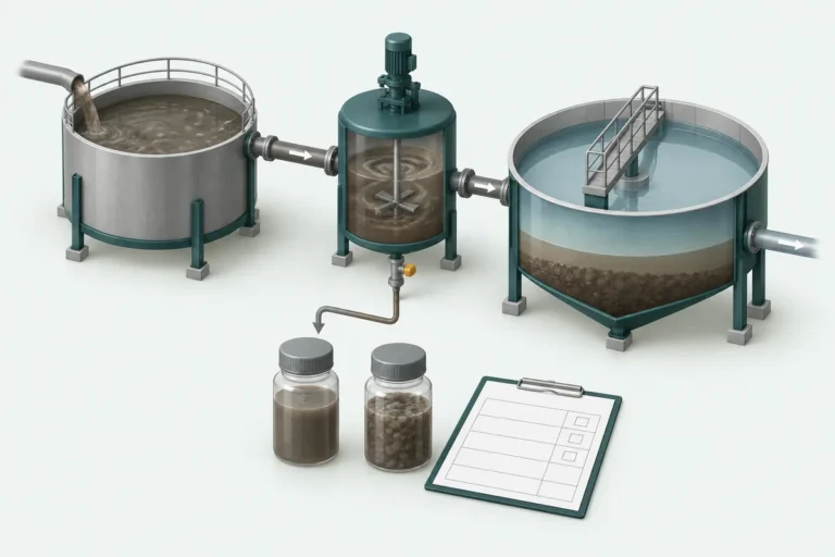 Illustration of sludge sampling points across treatment vessels with a blank source and composition record.
