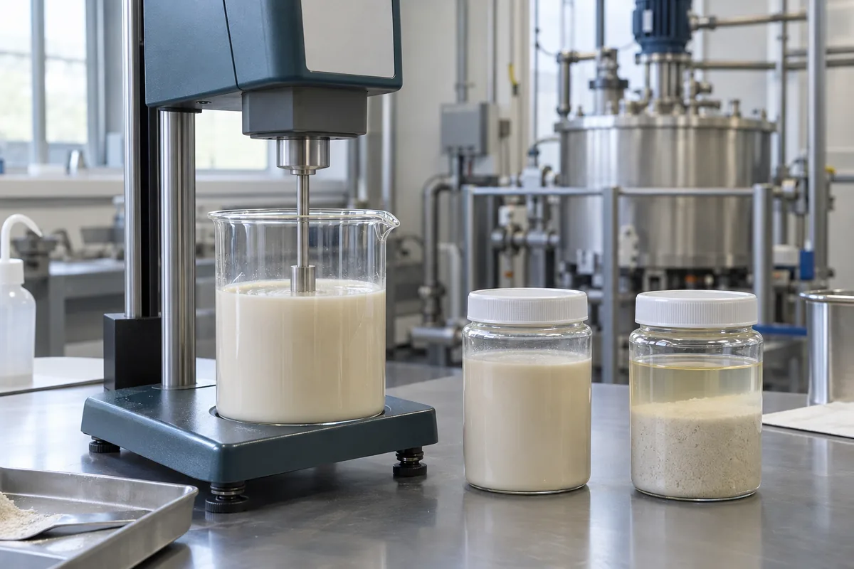 Illustration of a rotational viscometer testing a fine suspension beside representative slurry samples.