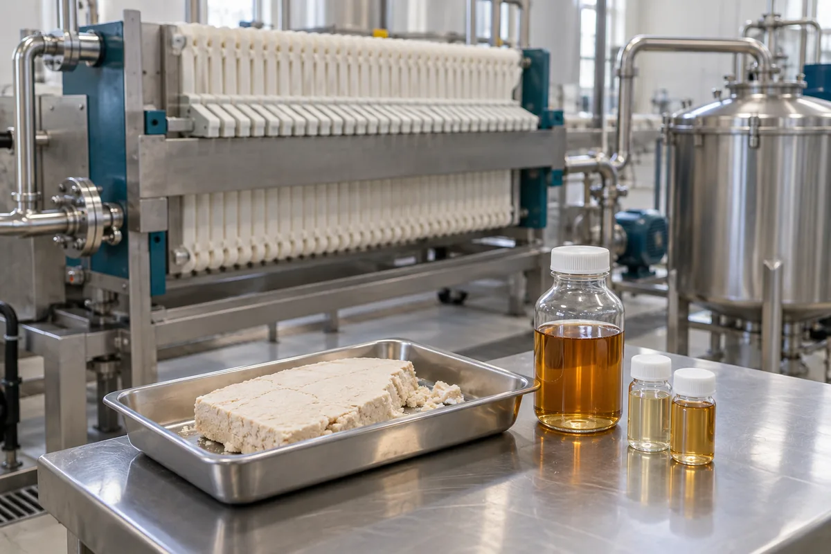 Illustration of a retained ingredient cake and recovered liquid samples prepared for a process review.