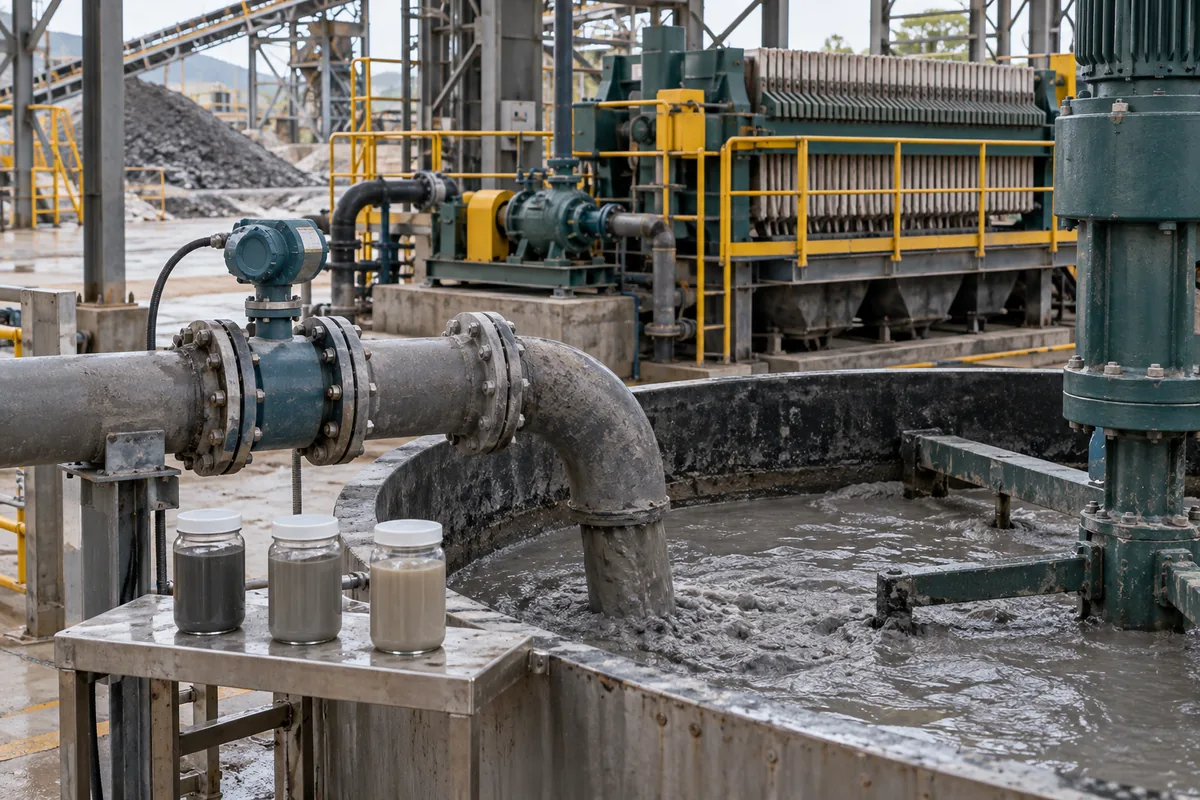 Illustration of a mineral-slurry feed line, agitated tank and representative sample jars.