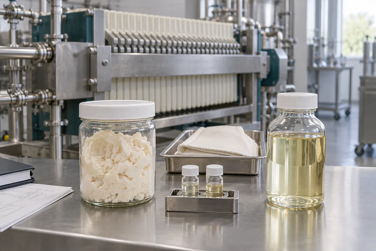 Illustration of retained intermediate solids and liquid samples prepared for product-result review.