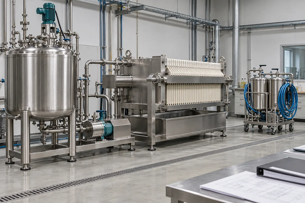 Illustration of a batch feed vessel, closed filter press and parked cleaning unit with organized utilities.