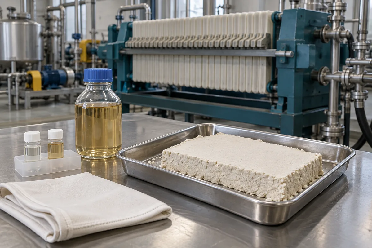 Illustration of retained chemical cake and liquid samples prepared for a product-quality review.