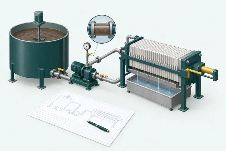 Illustration of an existing tank, slurry pump and filter press arrangement reviewed against a process plan.