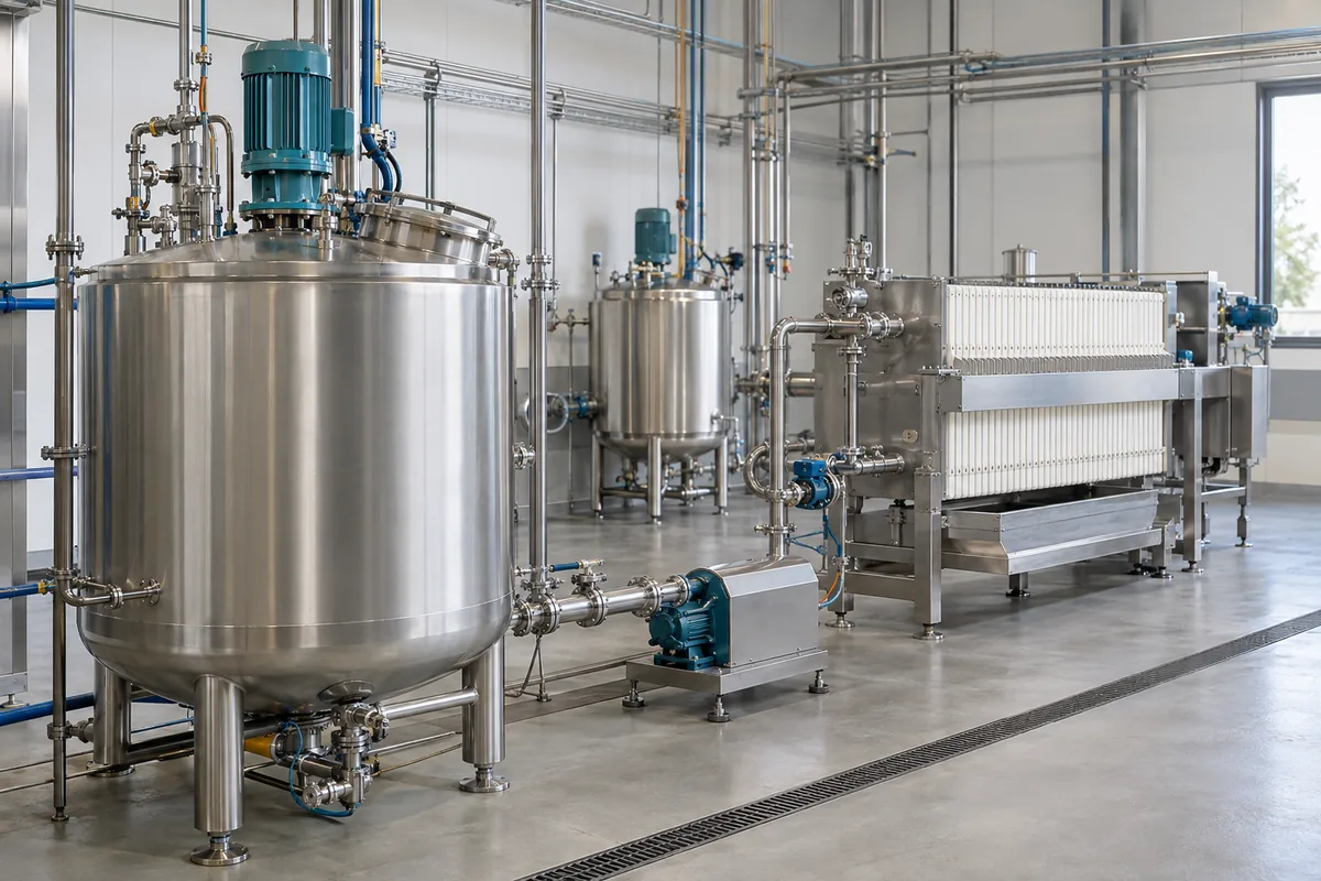 Illustration of a food-process batch tank, feed pump, filter press and organized utility connections.