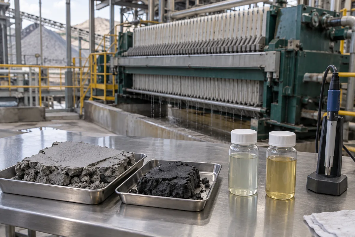 Illustration of gray tailings cake, dark concentrate and process-liquid samples on a review bench.
