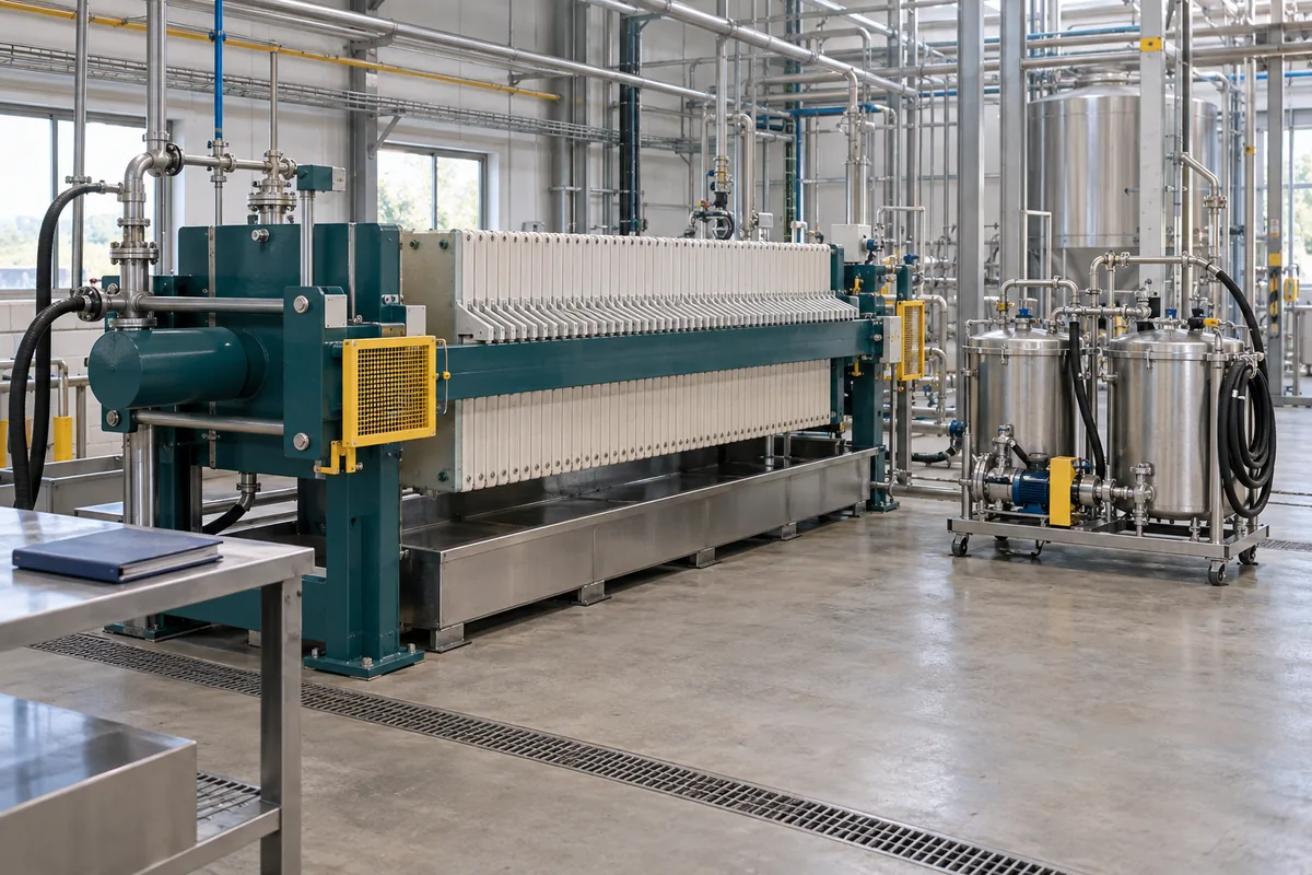 Illustration of a chemical filtration bay with a cleaning skid, secured hoses and clear service access.
