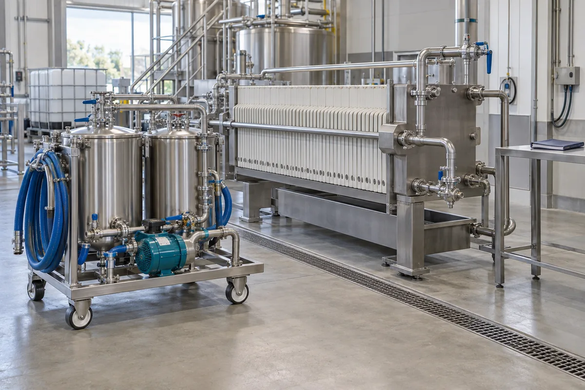 Illustration of a food-filtration bay with a parked cleaning skid, accessible connections and documentation stand.
