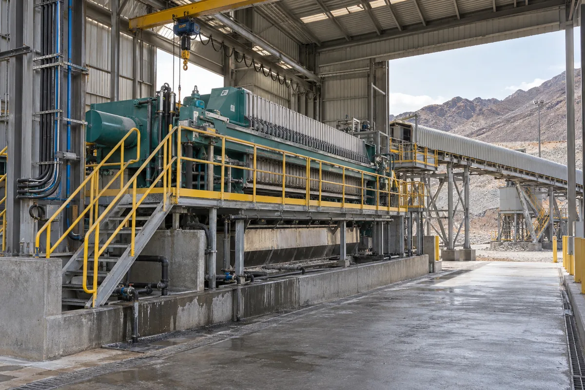 Illustration of a mine dewatering building with filter-press access, conveying and utility connections.
