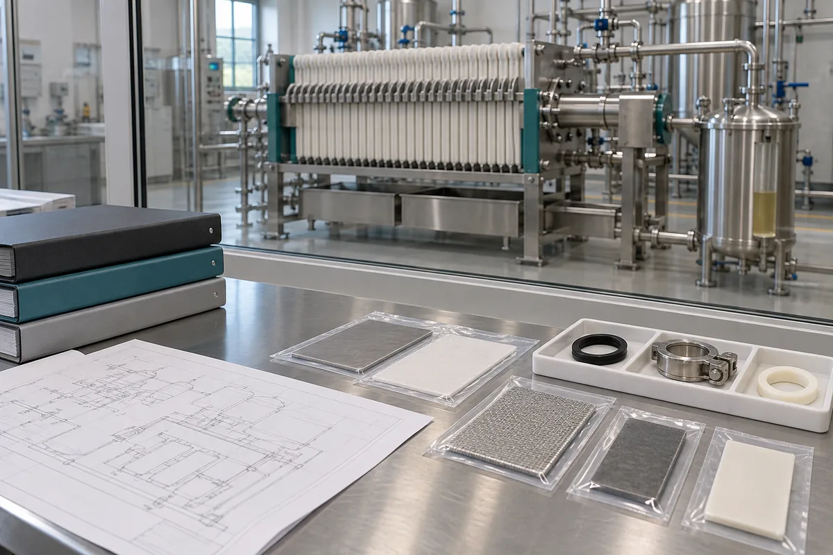 Illustration of material and seal samples organized with project binders beside a process-equipment review area.