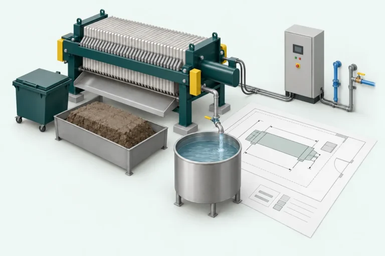 Illustration of desired cake and filtrate outputs alongside an equipment footprint and utility-control requirements.