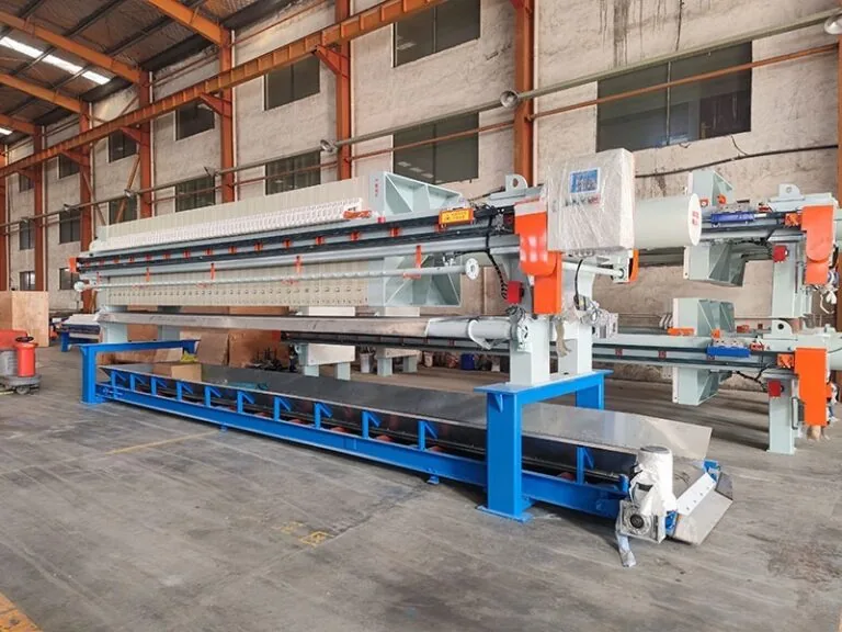 Membrane filter press shown in an industrial workshop