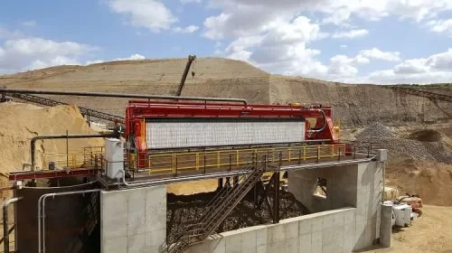 Filter press installation at an outdoor mineral processing site